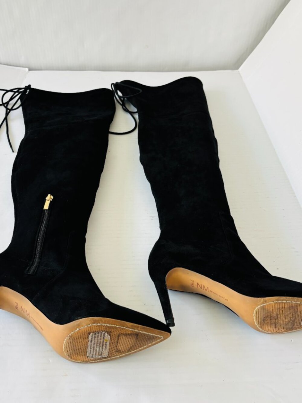 Neiman Marcus Black Suede Over the Knee Stiletto Boots Pointed Toe Tie Back 7.5M - Picture 3 of 14